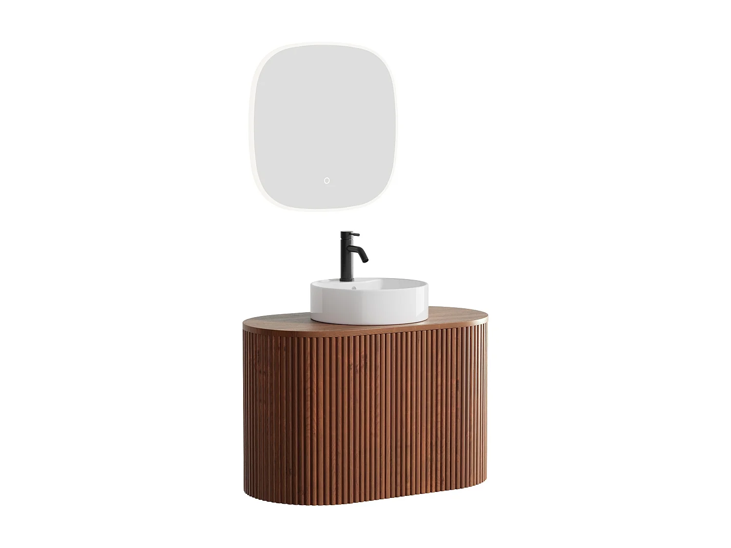 Meuble de salle de bain suspendu en teck avec vasque à poser ronde, robinet et miroir - Naturel foncé - 90 cm - TOWARI