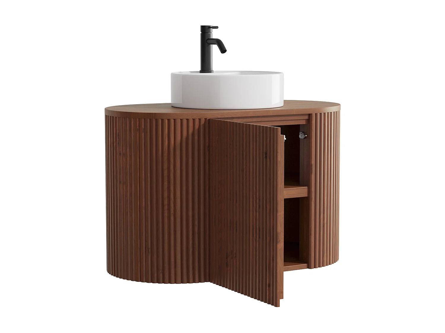 Meuble de salle de bain suspendu en teck avec vasque à poser ronde, robinet et miroir - Naturel foncé - 90 cm - TOWARI