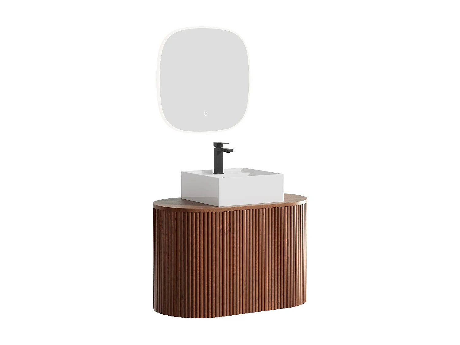 Meuble de salle de bain suspendu en teck avec vasque à poser carrée, robinet et miroir - Naturel foncé - 90 cm - TOWARI