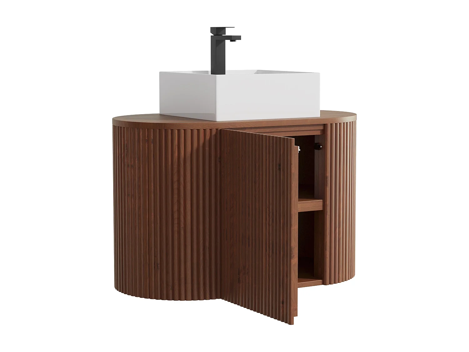 Meuble de salle de bain suspendu en teck avec vasque à poser carrée, robinet et miroir - Naturel foncé - 90 cm - TOWARI