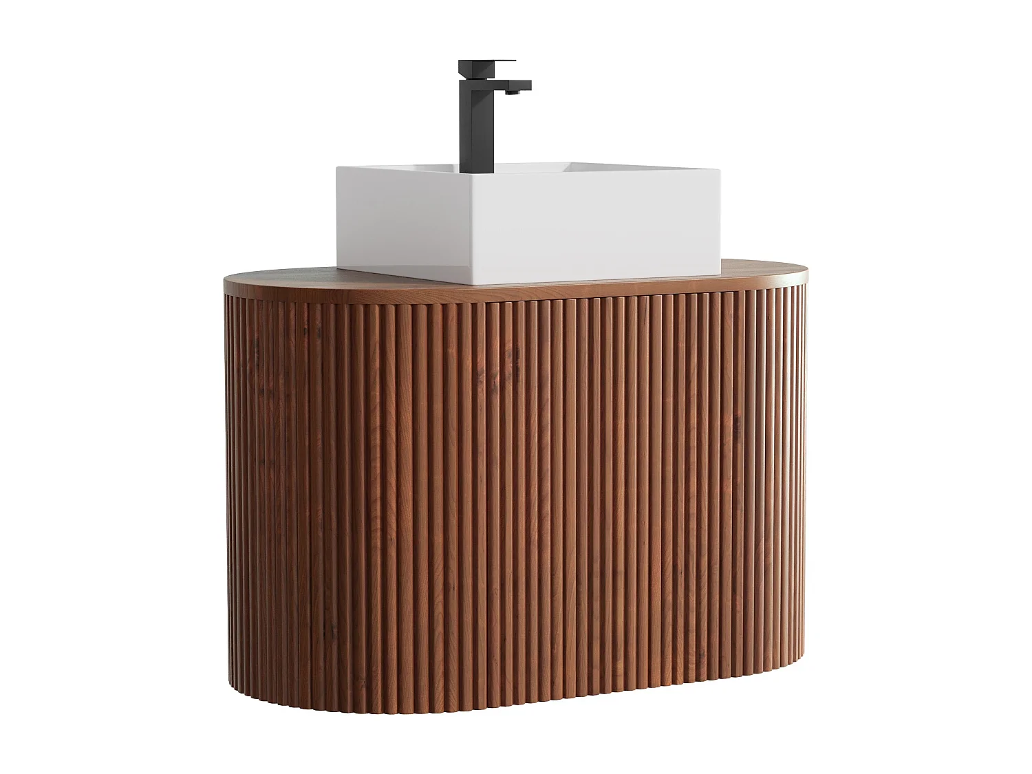 Meuble de salle de bain suspendu en teck avec vasque à poser carrée et robinet - Naturel foncé - 90 cm - TOWARI