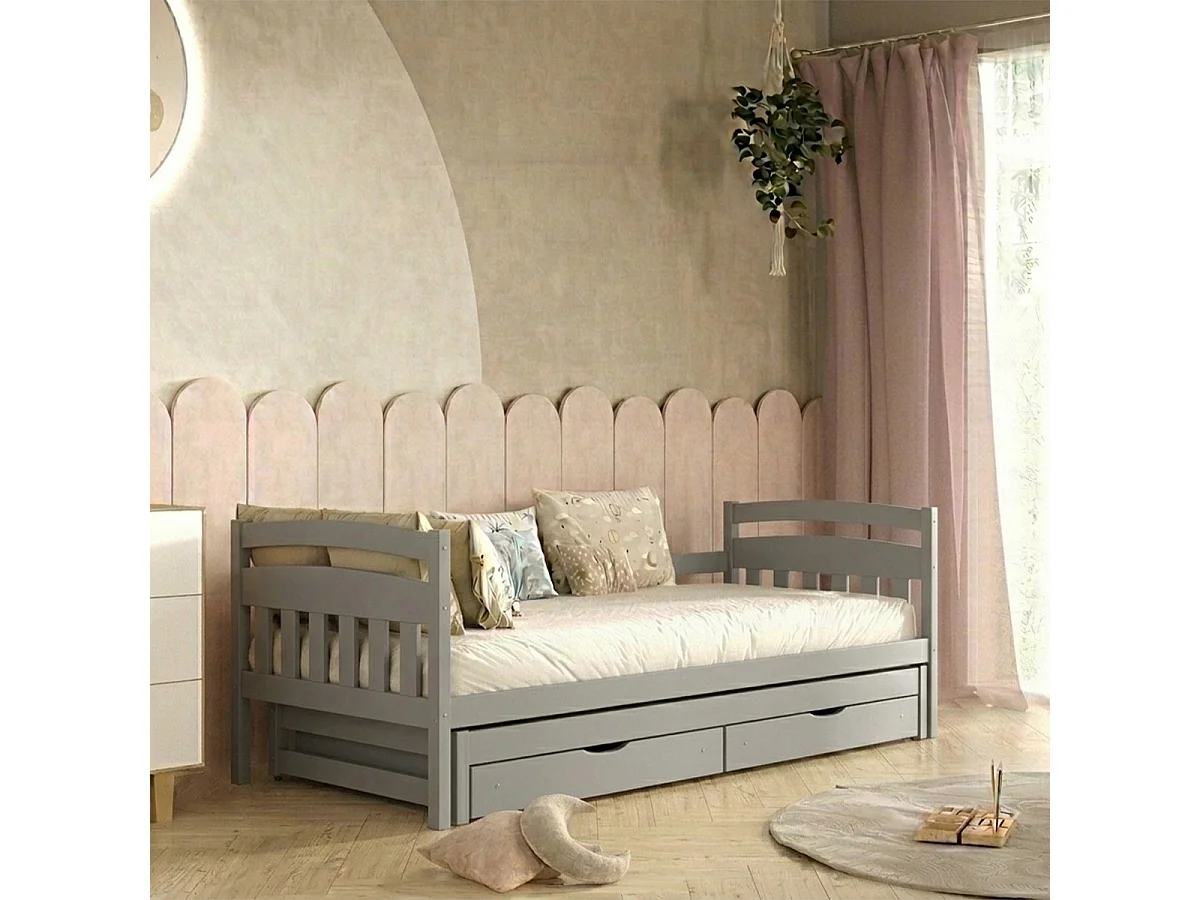 Lit gigogne 90x200 sommiers et tiroirs inclus Tosia Gris