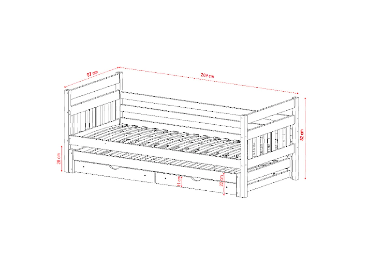 Cama gigogne 90x200 com base de ripas e gavetas incluídas David Cinzento