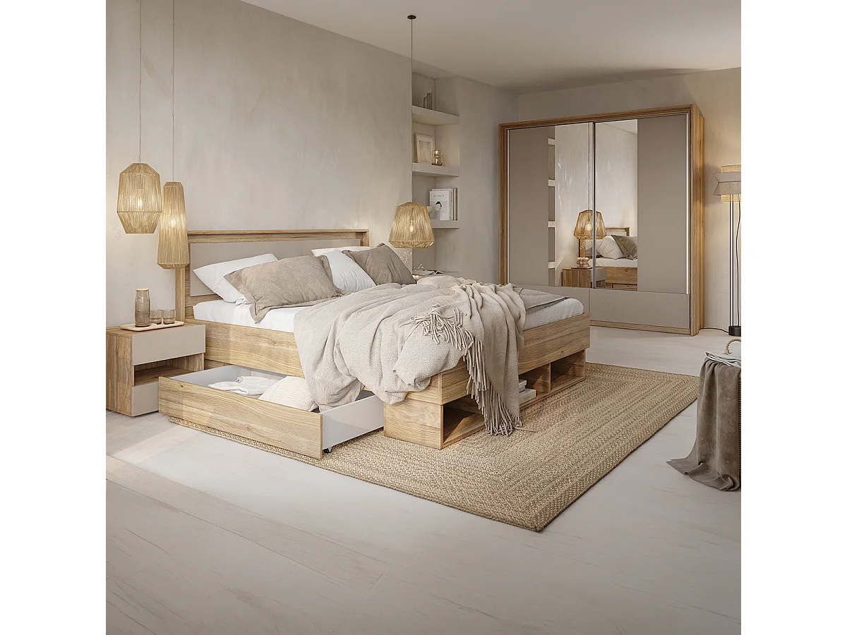 2-Drawer 1-Niche Nightstand Iséa Taupe and Wood