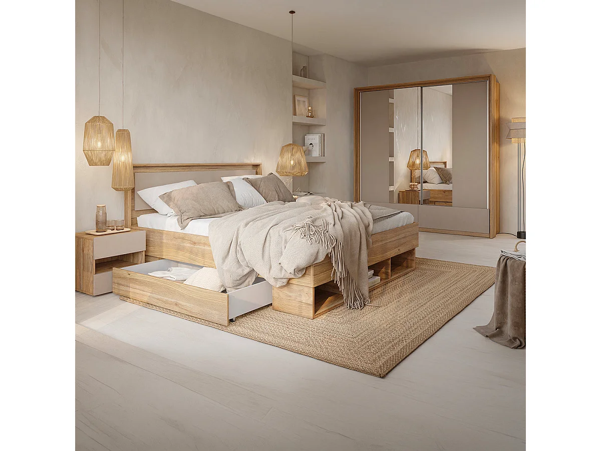 Chevet 2 tiroirs 1 niche Iséa Taupe et Bois