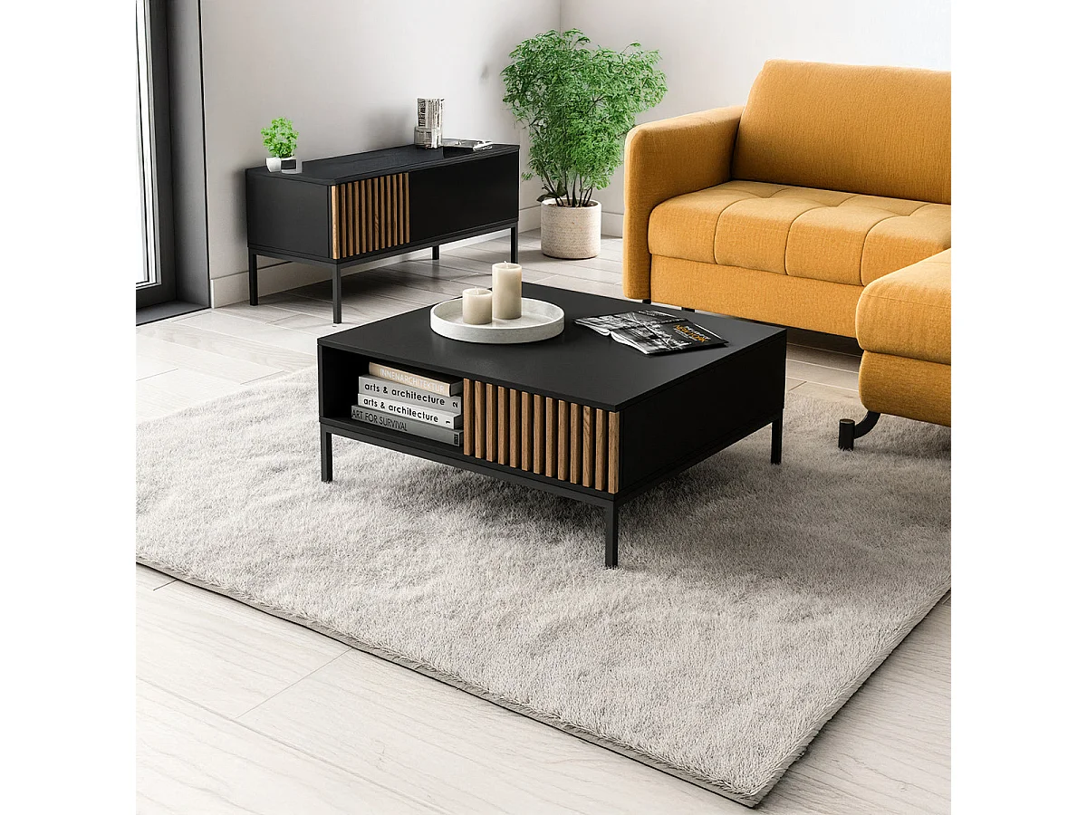 Table basse 1 tiroir 1 niche Melchior Noir et Bois