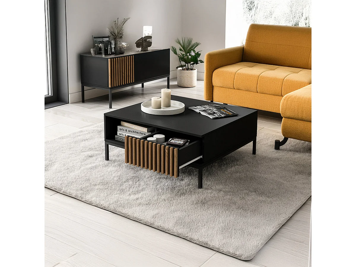 Table basse 1 tiroir 1 niche Melchior Noir et Bois