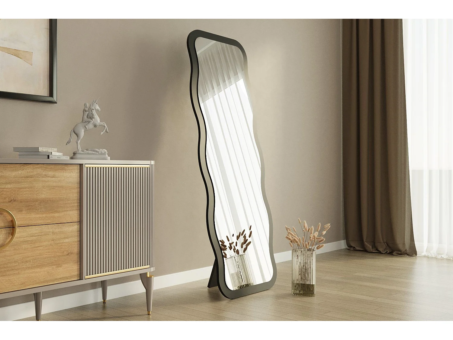 Elegant Svart Träspegel "Aror" 50 x 2.2 x 160 cm - Modernt Design