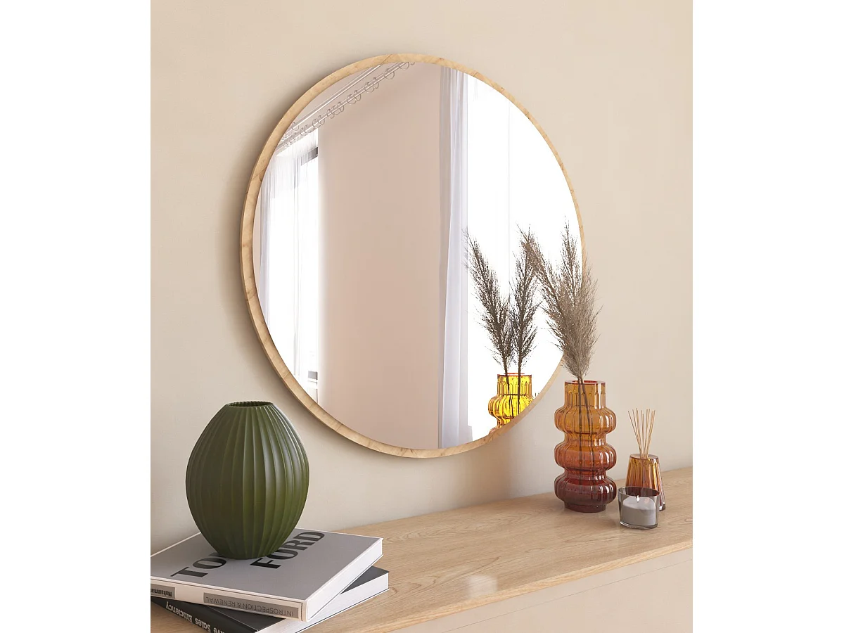 "Ozze" Träspegel - Rund Form - 60 x 60 cm - Beige