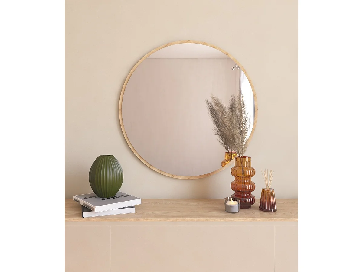 "Ozze" Träspegel - Rund Form - 60 x 60 cm - Beige