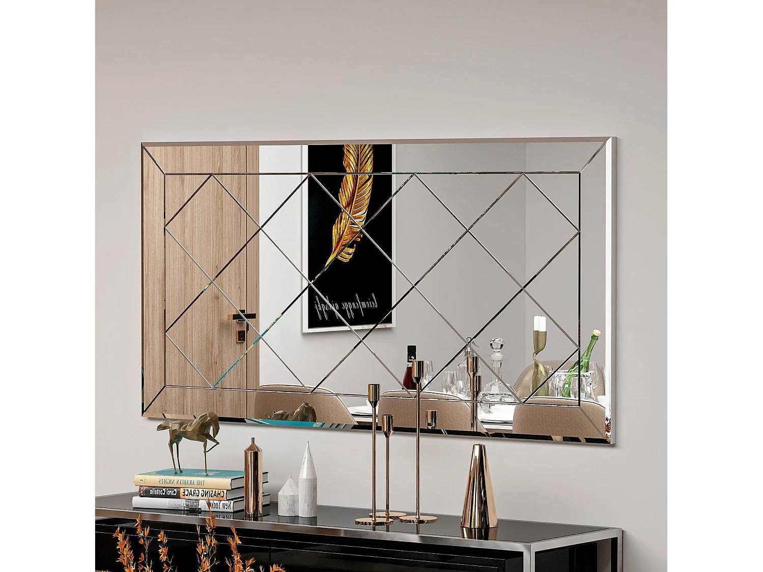 Dekorativ Väggspegel Gabby L120xH60cm Diamantmönster Vit Ramfri Miljövänlig Flotal-E Spegel