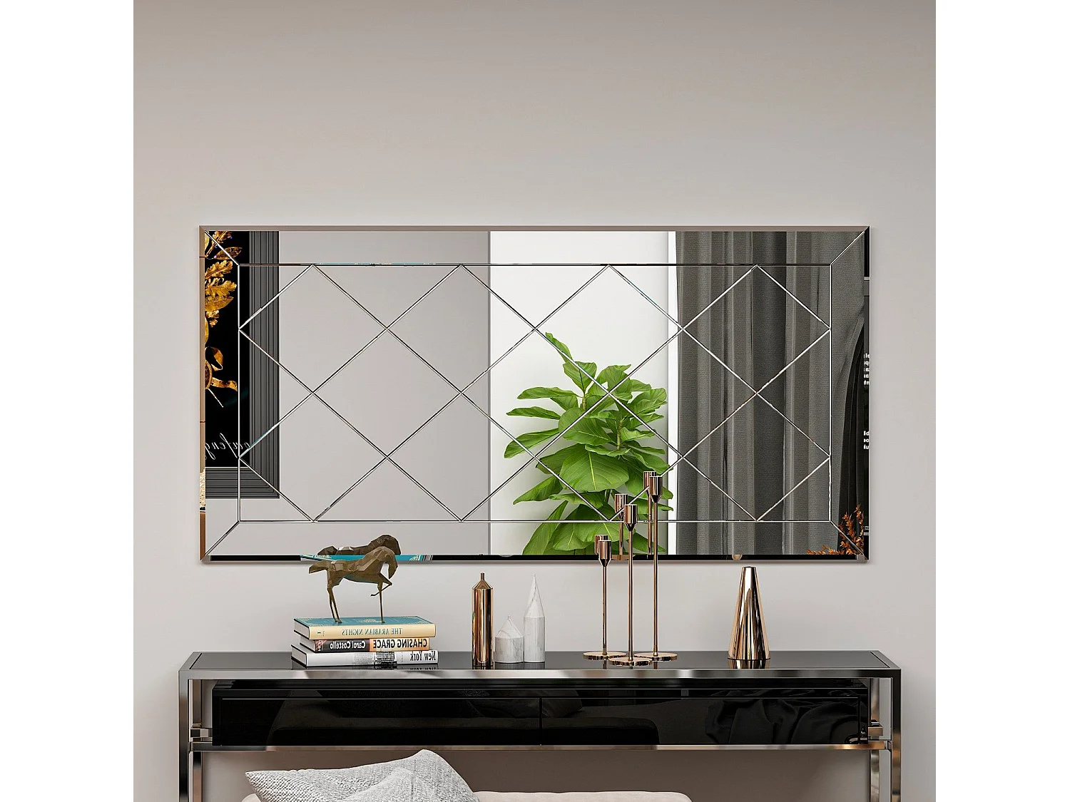 Dekorativ Väggspegel Gabby L120xH60cm Diamantmönster Vit Ramfri Miljövänlig Flotal-E Spegel