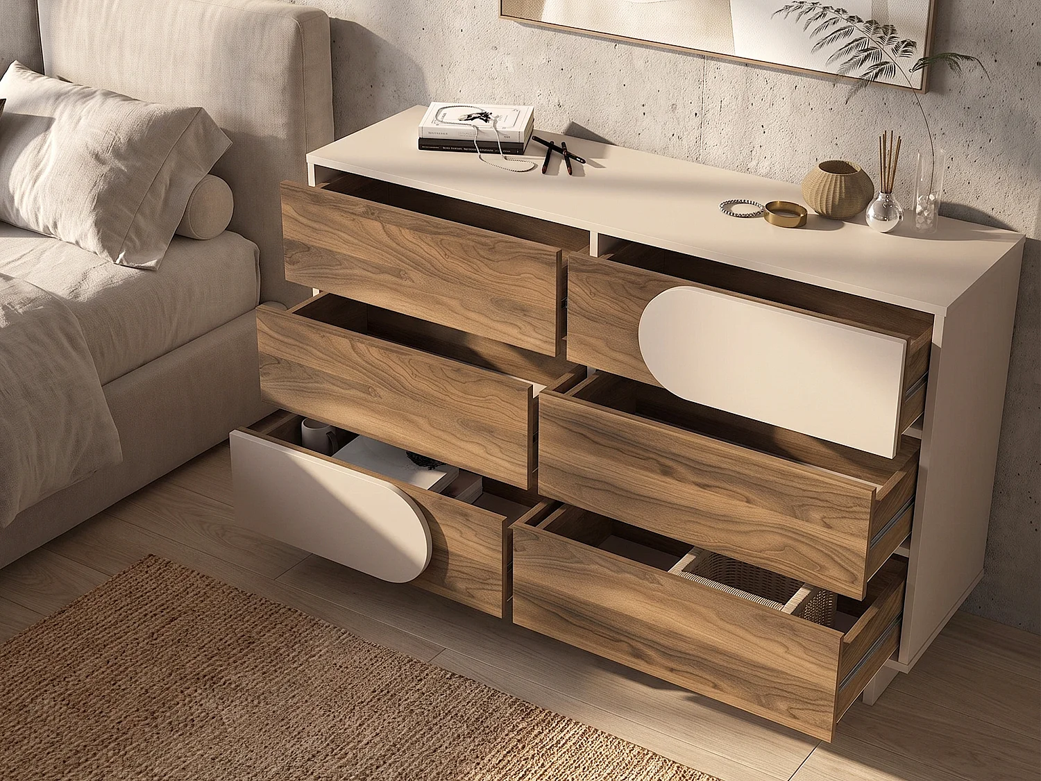 Commode 6 tiroirs - Beige et naturel foncé - DIPOVA