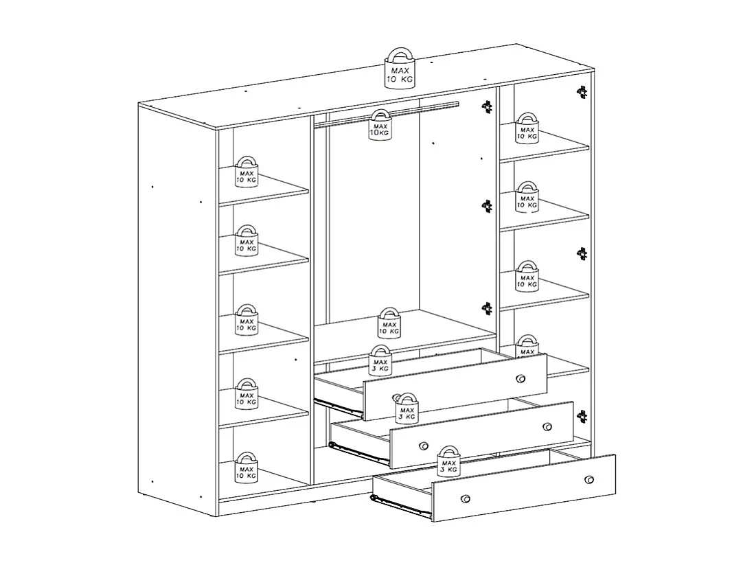 Armoire 4 portes et 3 tiroirs - Avec miroirs - L196 cm - Naturel foncé et doré - LIZANDRO