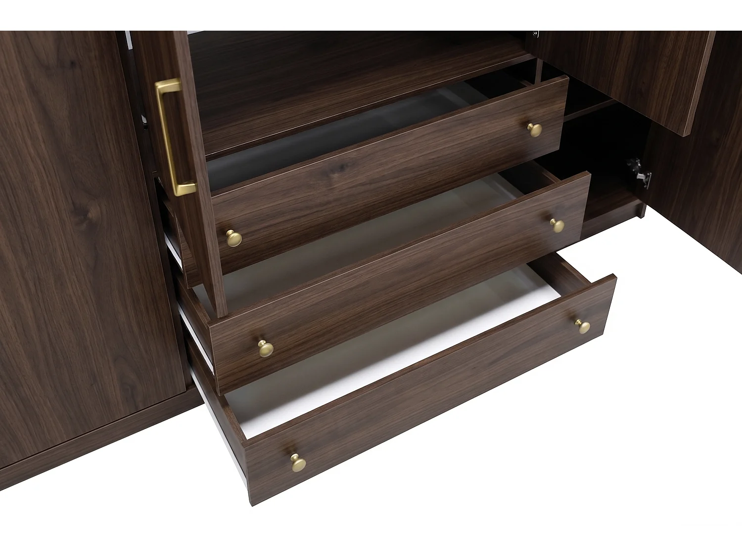 Armoire 4 portes et 3 tiroirs - Avec miroirs - L196 cm - Naturel foncé et doré - LIZANDRO
