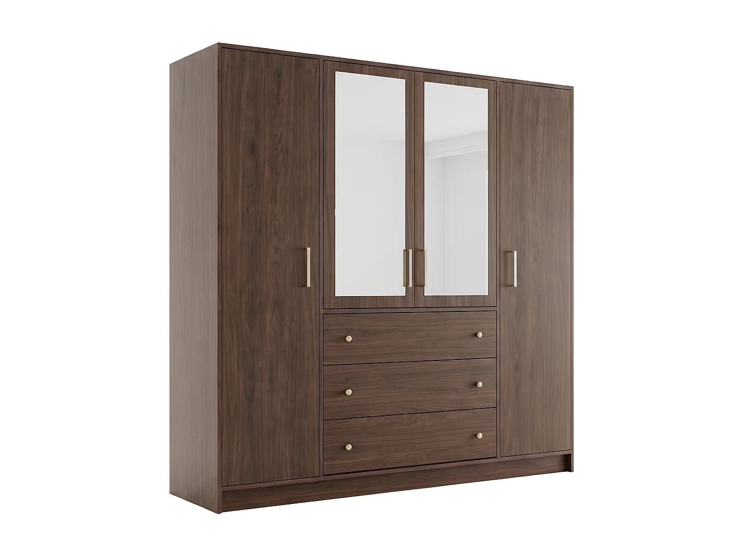Armoire 4 portes et 3 tiroirs - Avec miroirs - L196 cm - Naturel foncé et doré - LIZANDRO