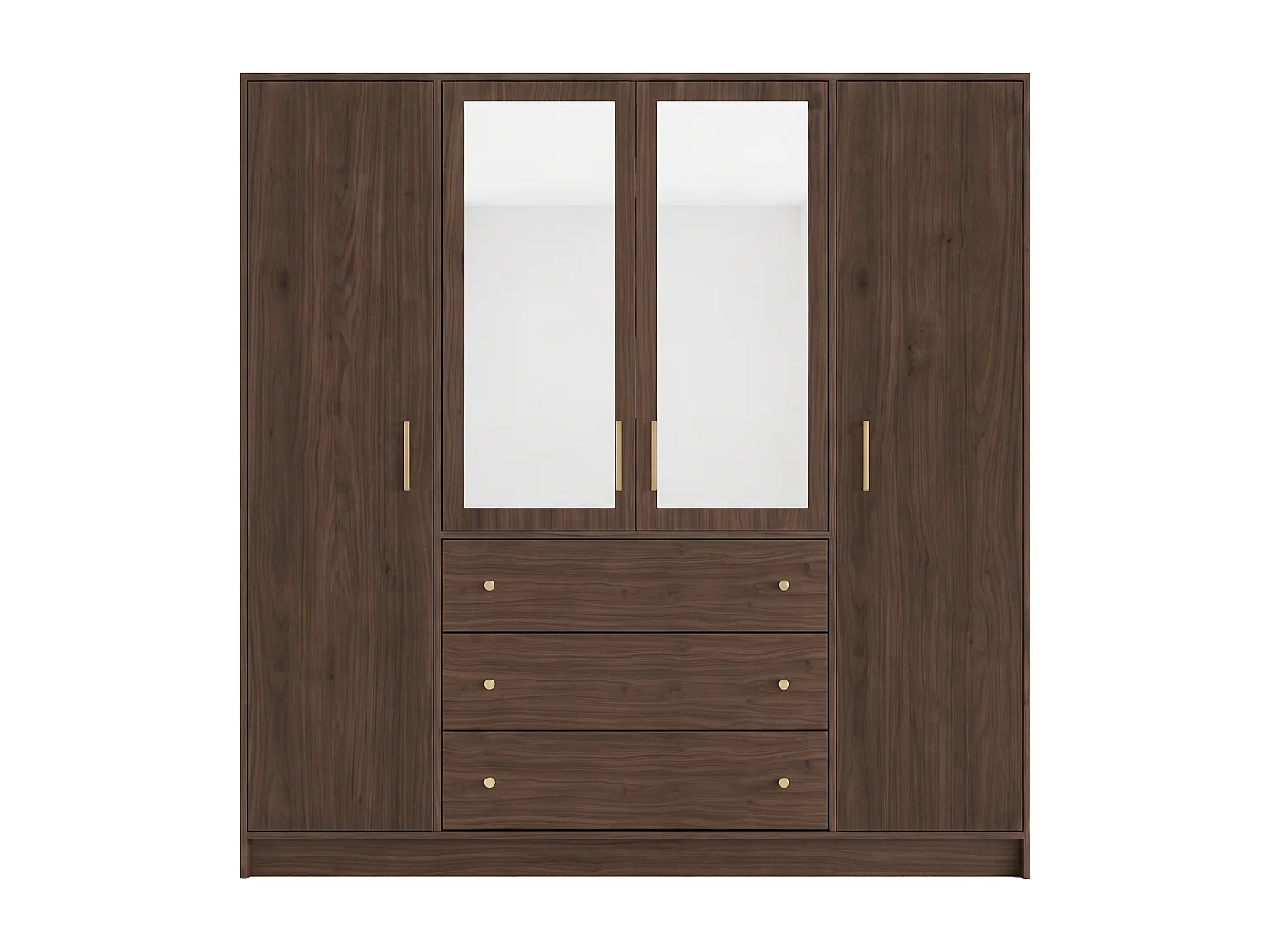 Armoire 4 portes et 3 tiroirs - Avec miroirs - L196 cm - Naturel foncé et doré - LIZANDRO