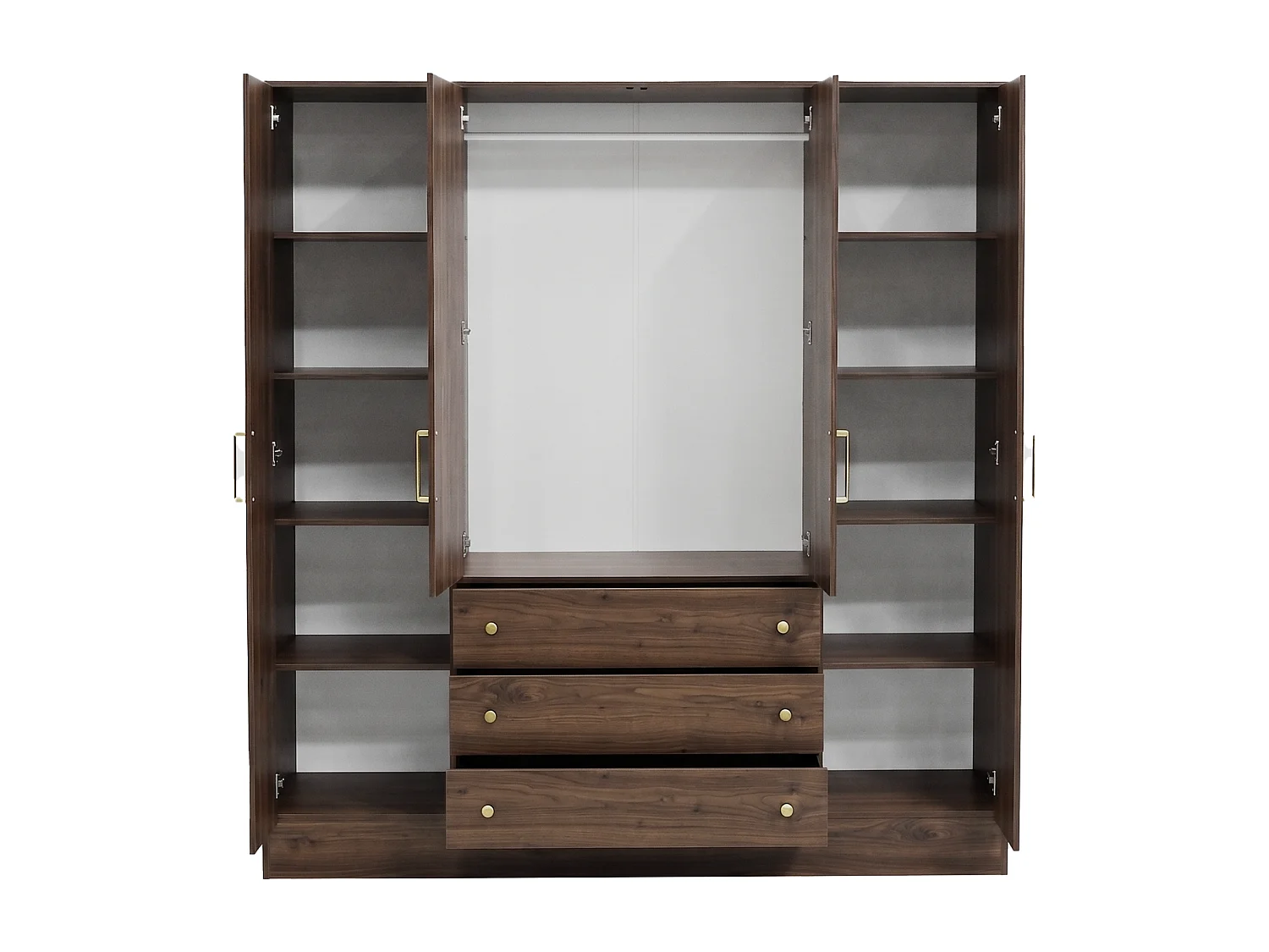 Armoire 4 portes et 3 tiroirs - Avec miroirs - L196 cm - Naturel foncé et doré - LIZANDRO