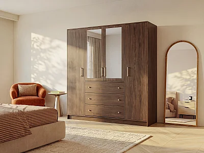 Armoire 4 portes et 3 tiroirs - Avec miroirs - L196 cm - Naturel foncé et doré - LIZANDRO
