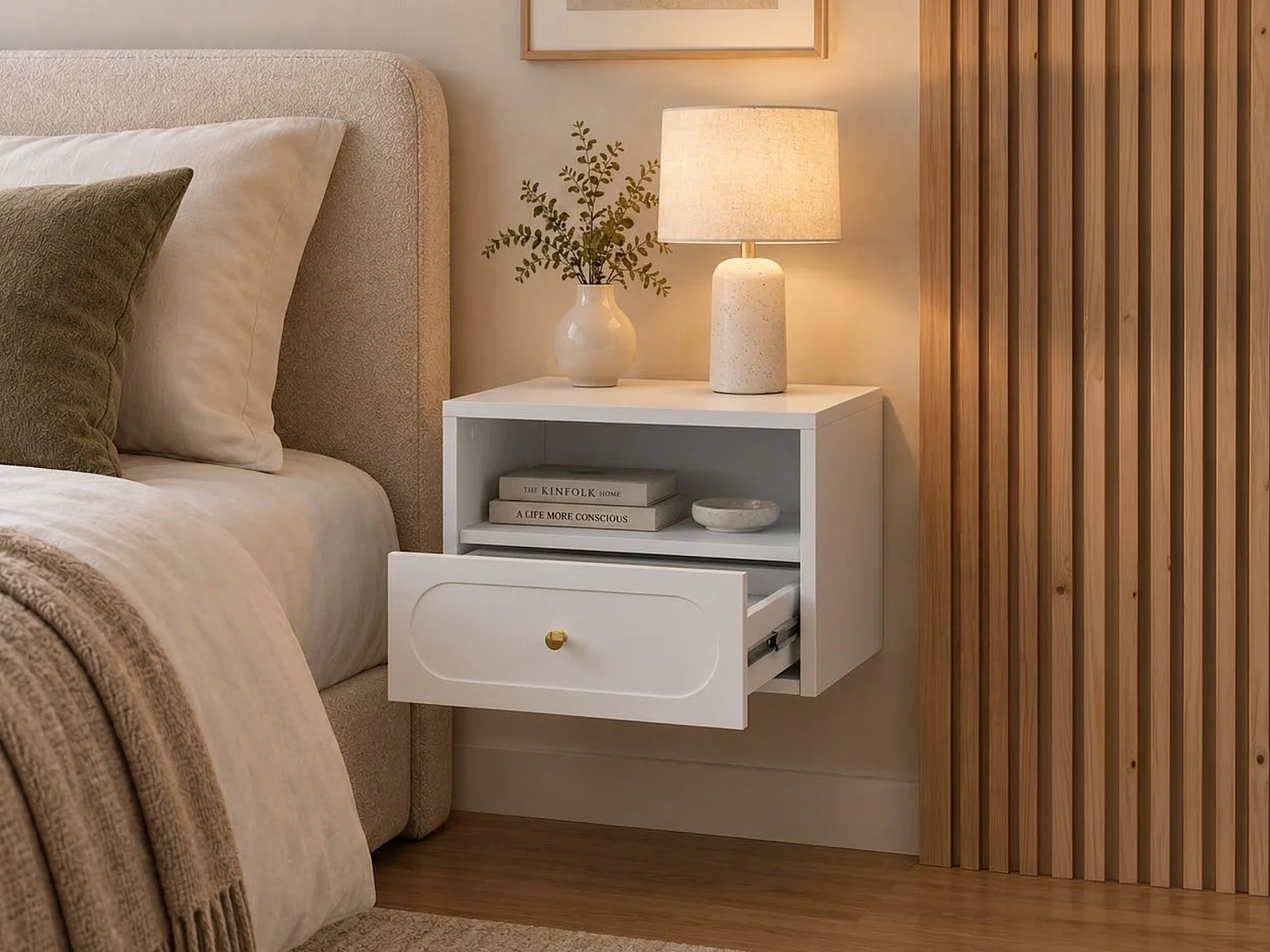 Table de chevet suspendue - 1 tiroir et 1 niche - Avec leds - Blanc -  POTIMA