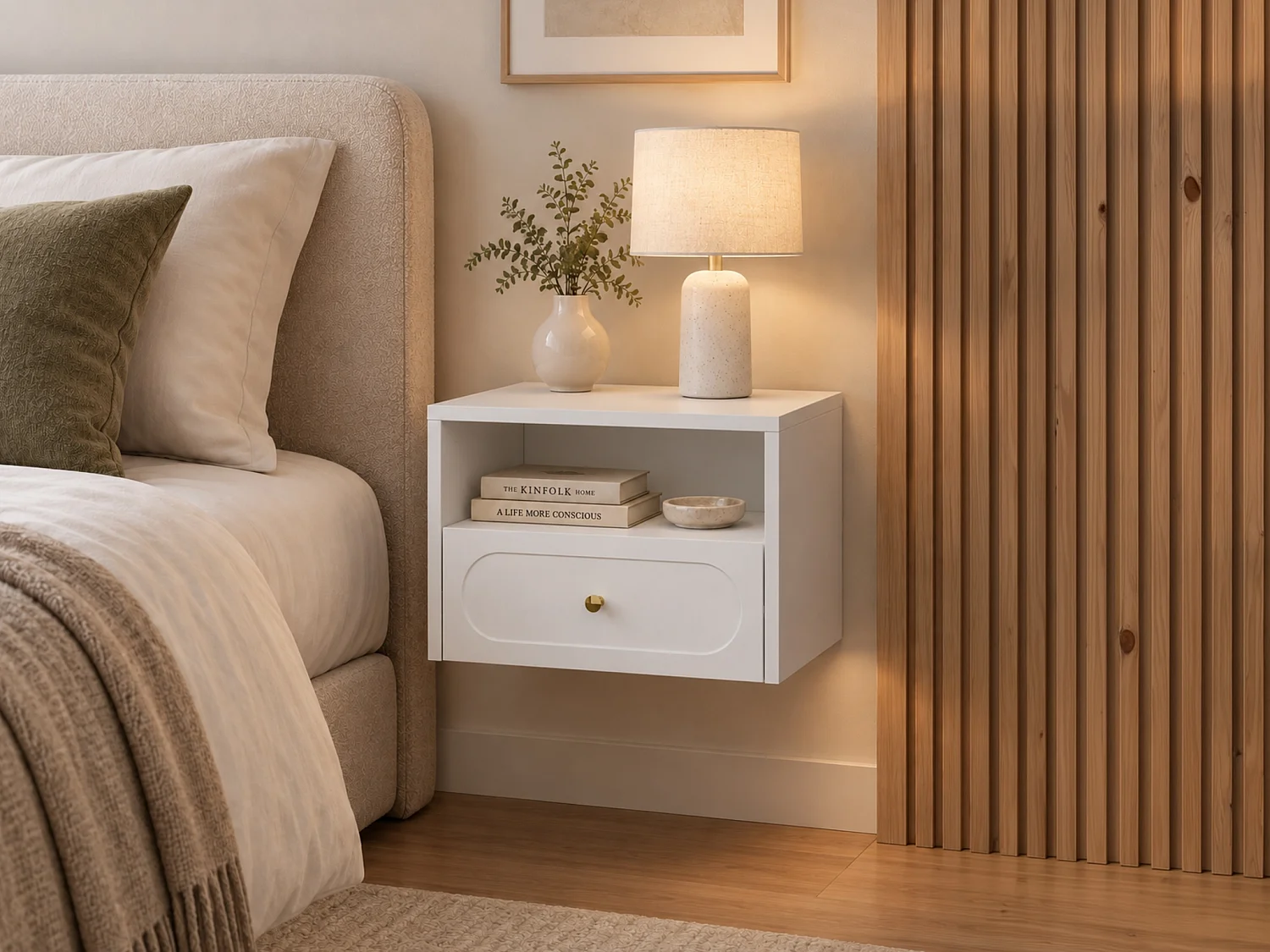 Table de chevet suspendue - 1 tiroir et 1 niche - Avec leds - Blanc -  POTIMA