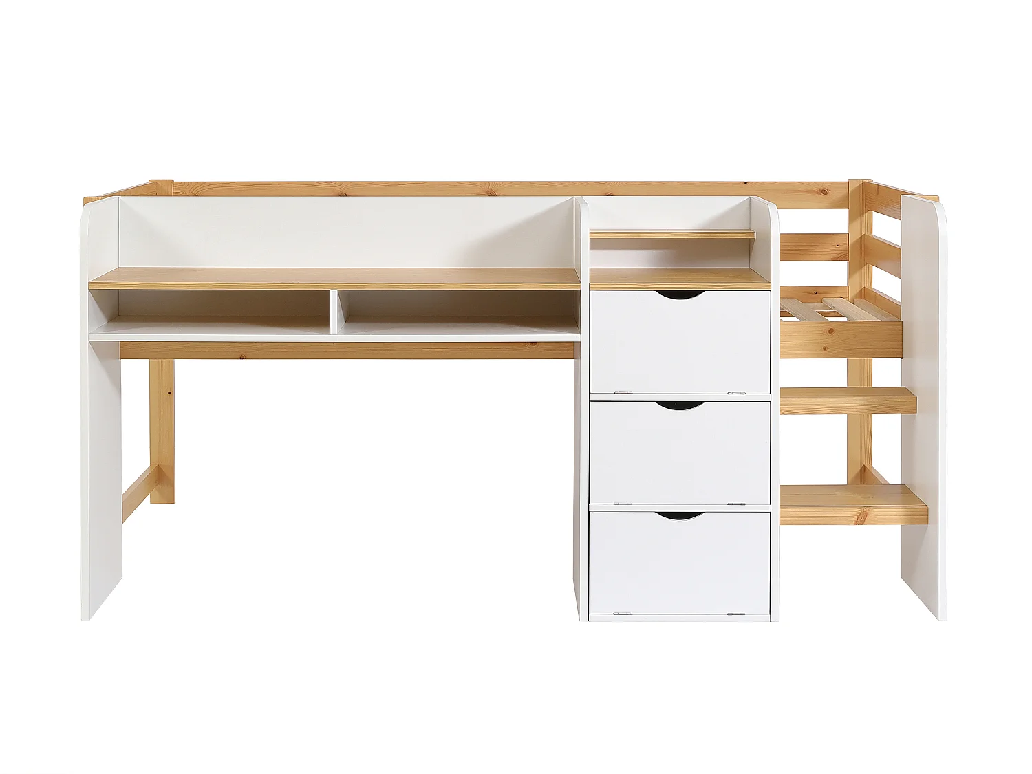 Lit combiné 90 x 200 cm avec rangement et bureau – Blanc et naturel – MYLOVAL