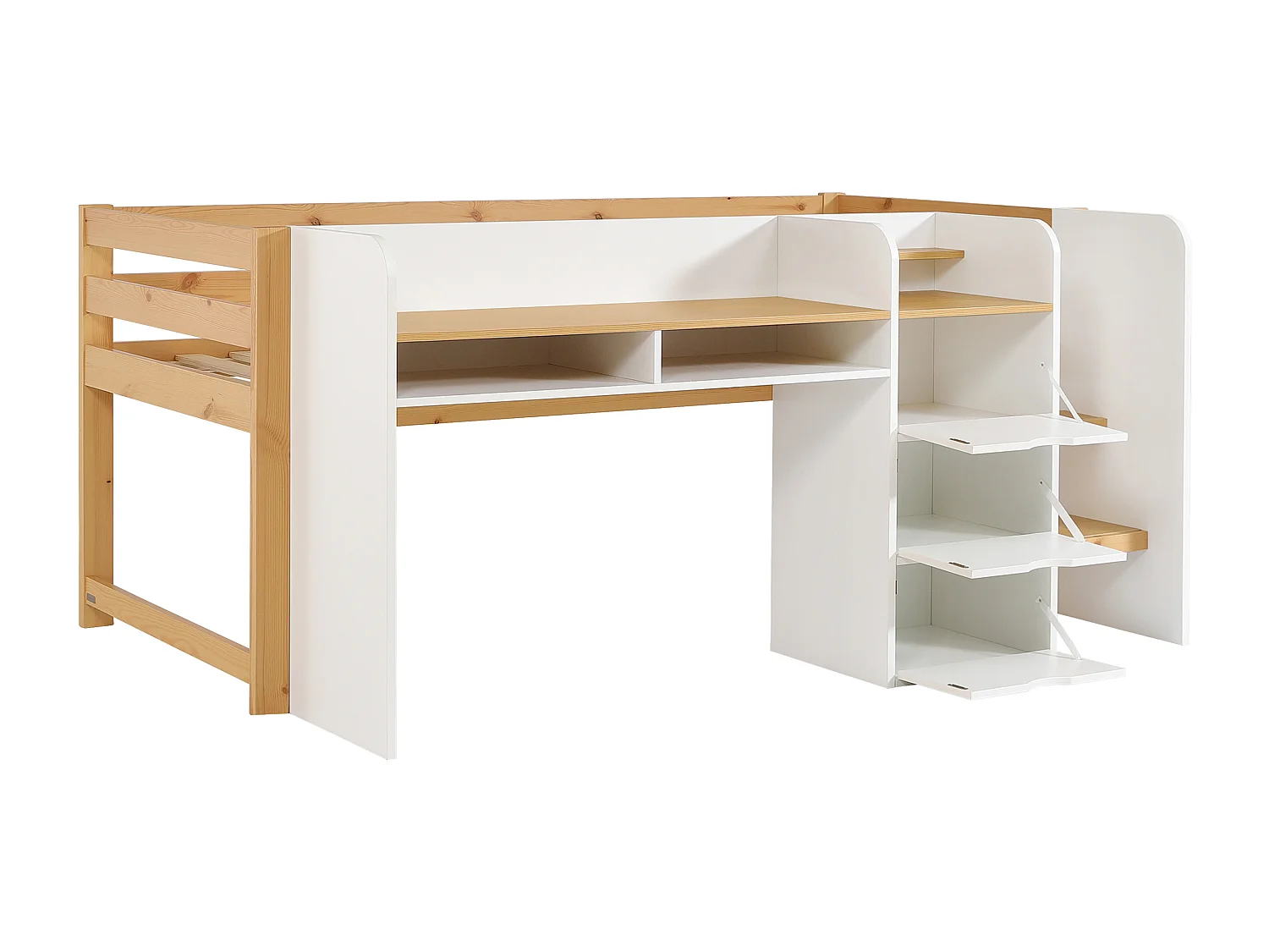 Lit combiné 90 x 200 cm avec rangement et bureau – Blanc et naturel – MYLOVAL
