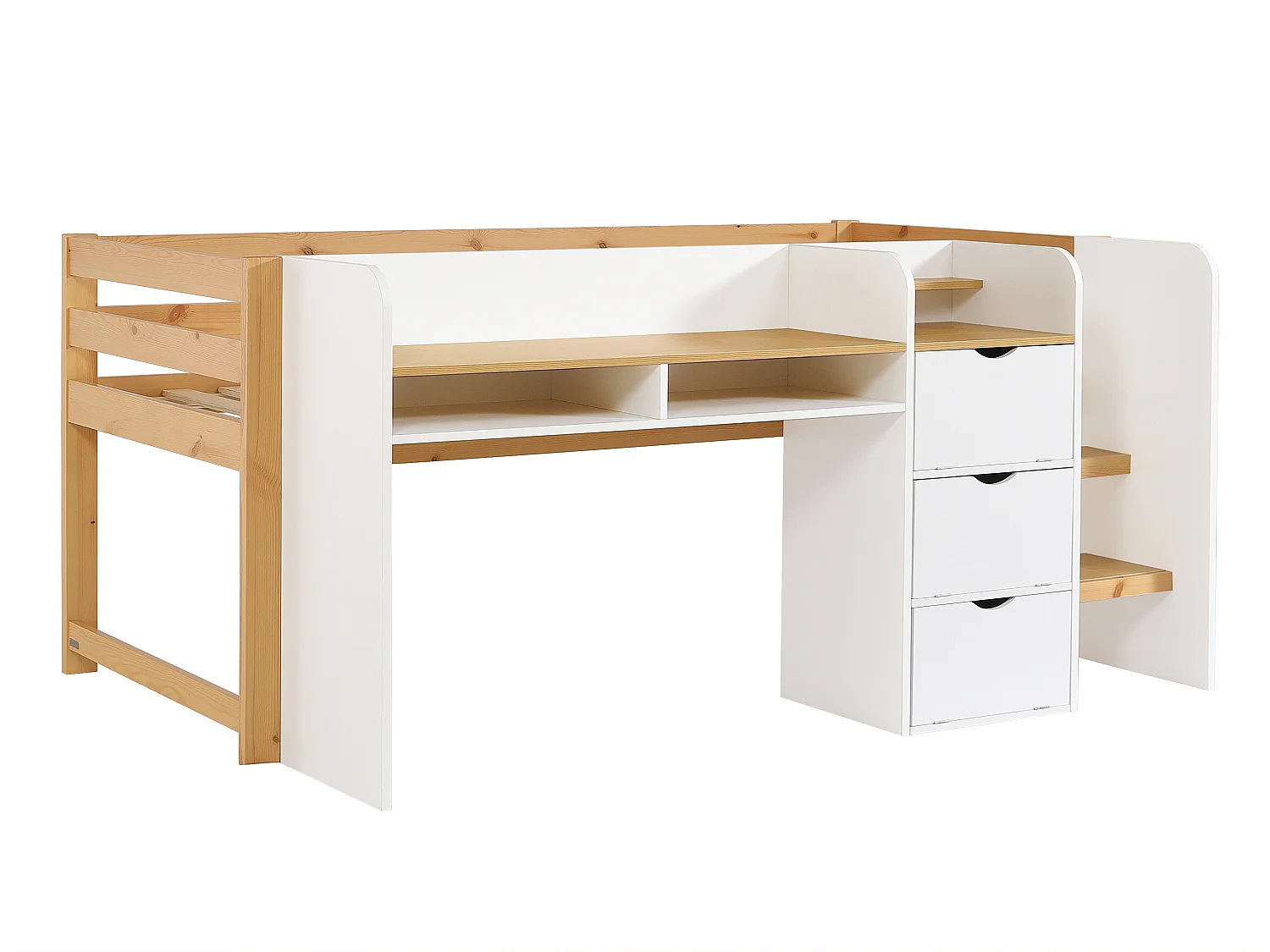 Lit combiné 90 x 200 cm avec rangement et bureau – Blanc et naturel – MYLOVAL