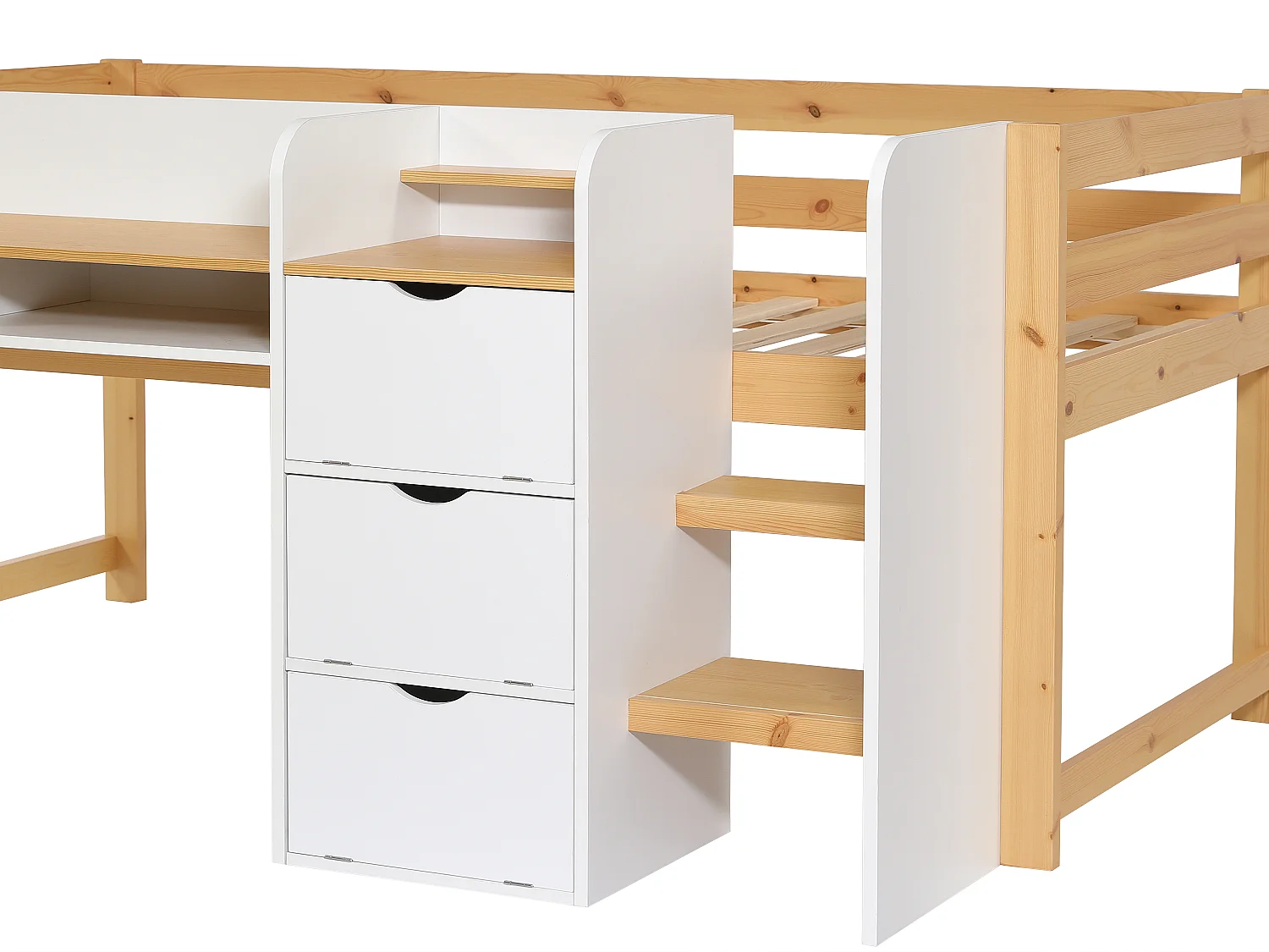 Lit combiné 90 x 200 cm avec rangement et bureau – Blanc et naturel – MYLOVAL