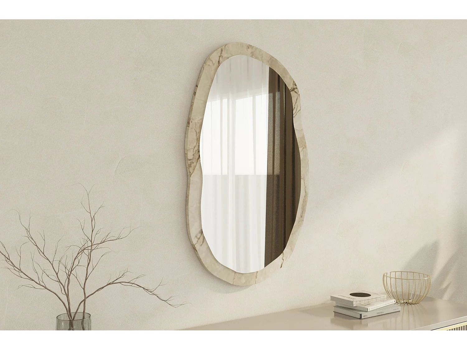 Elegant "Lossa" Träspegel - Beige Marmorerad - 52 x 86 cm