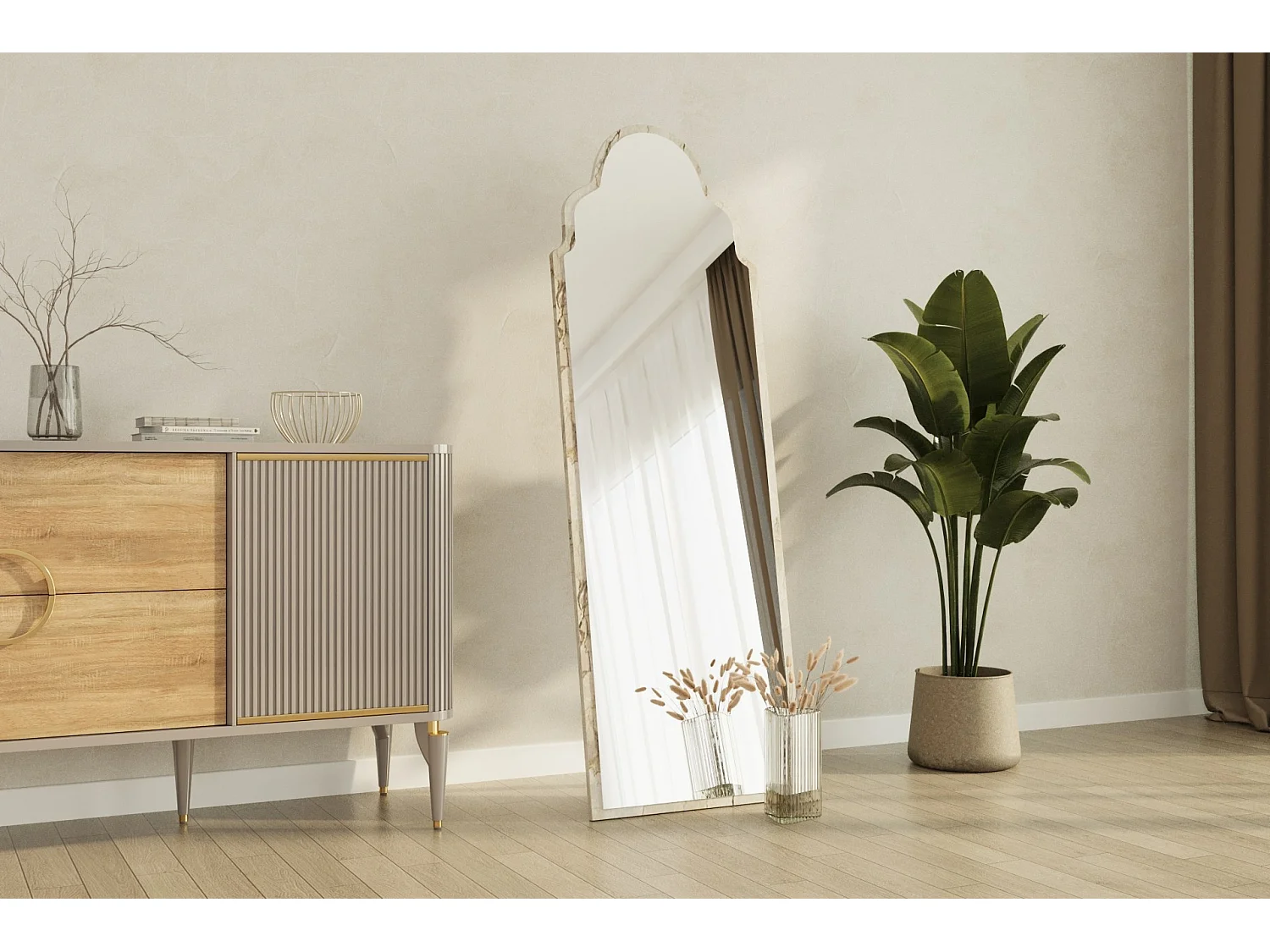 "Sahmaran" Träspegel - 50 x 160 cm - Beige Rektangulär Form