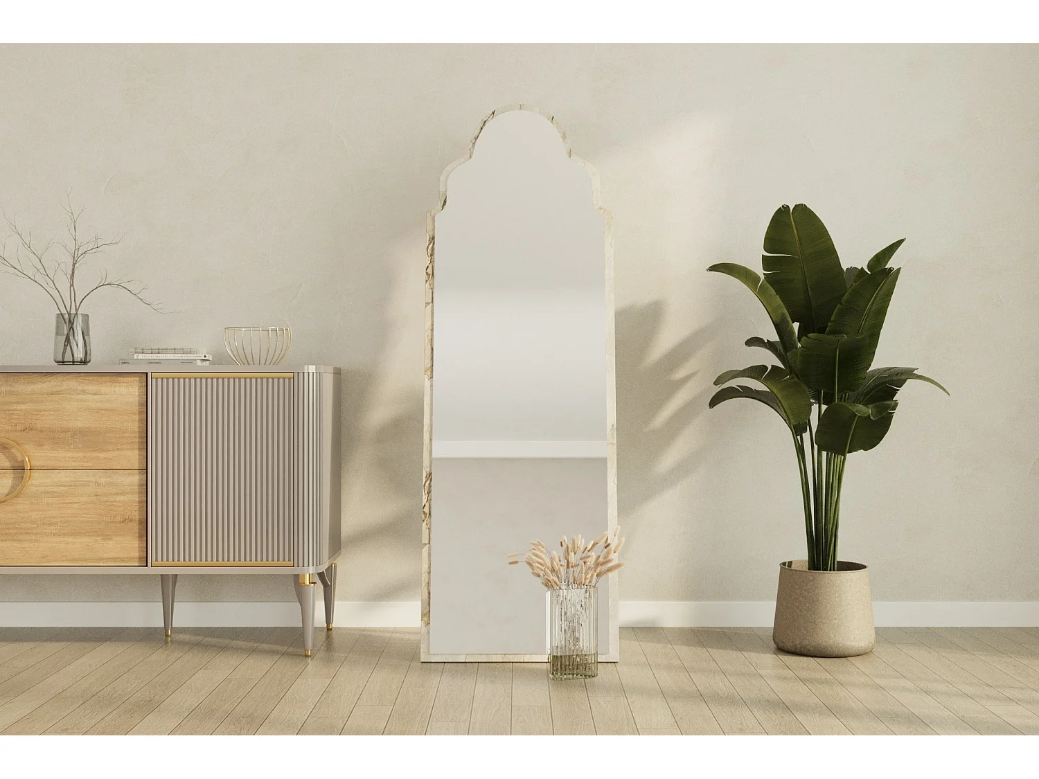 "Sahmaran" Träspegel - 50 x 160 cm - Beige Rektangulär Form