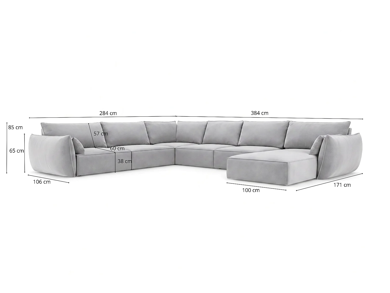 Canapé d'angle panoramique 7 places en velours gris foncé MANILA