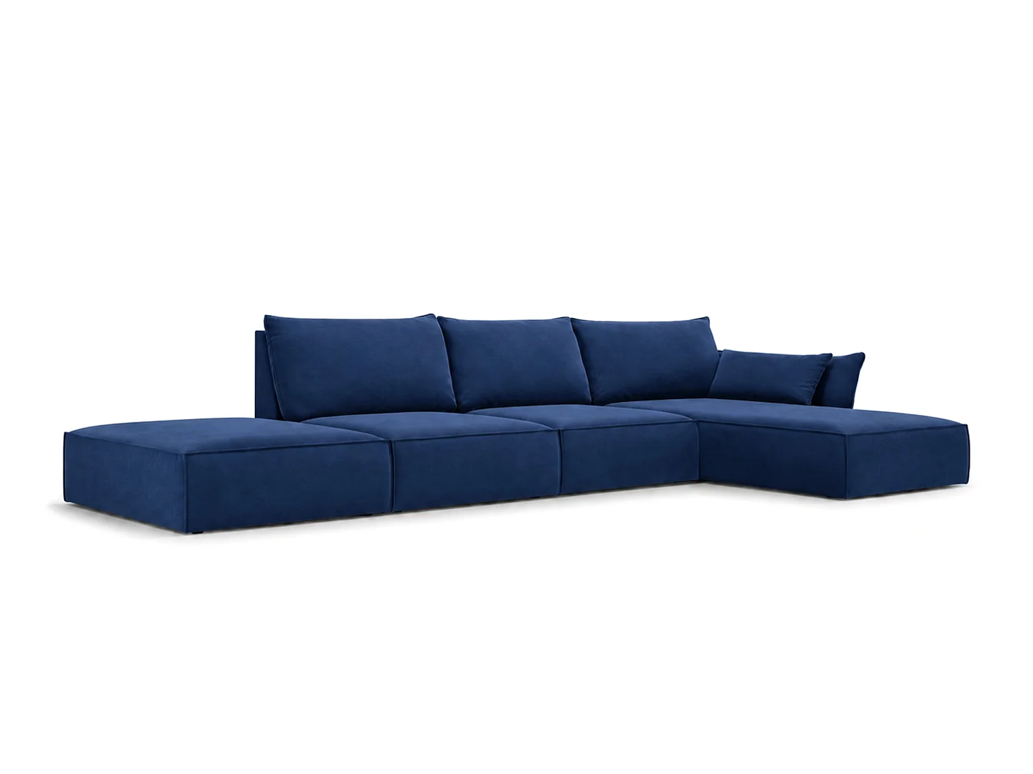 Canapé d'angle droit 4 places avec pouf en velours bleu marine MANILA
