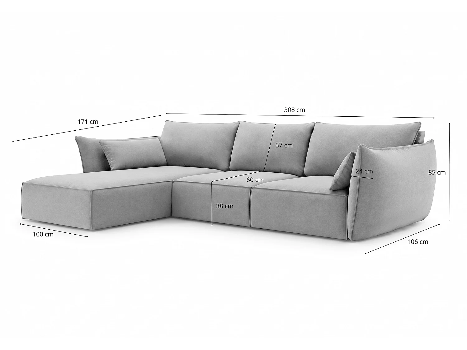 Ecksofa links Cookie 308x171 cm Manila 15 grau