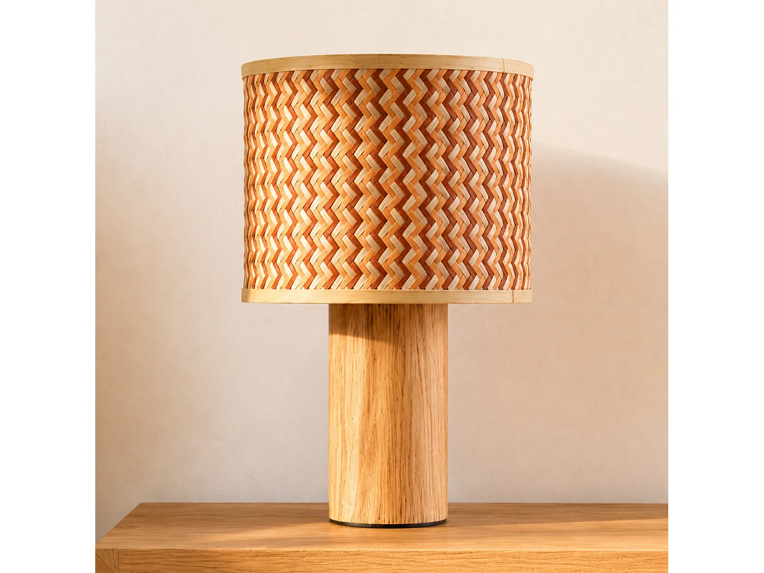 Grande lampada da tavolo in rovere, intreccio in bambù crema e arancio - Phil
