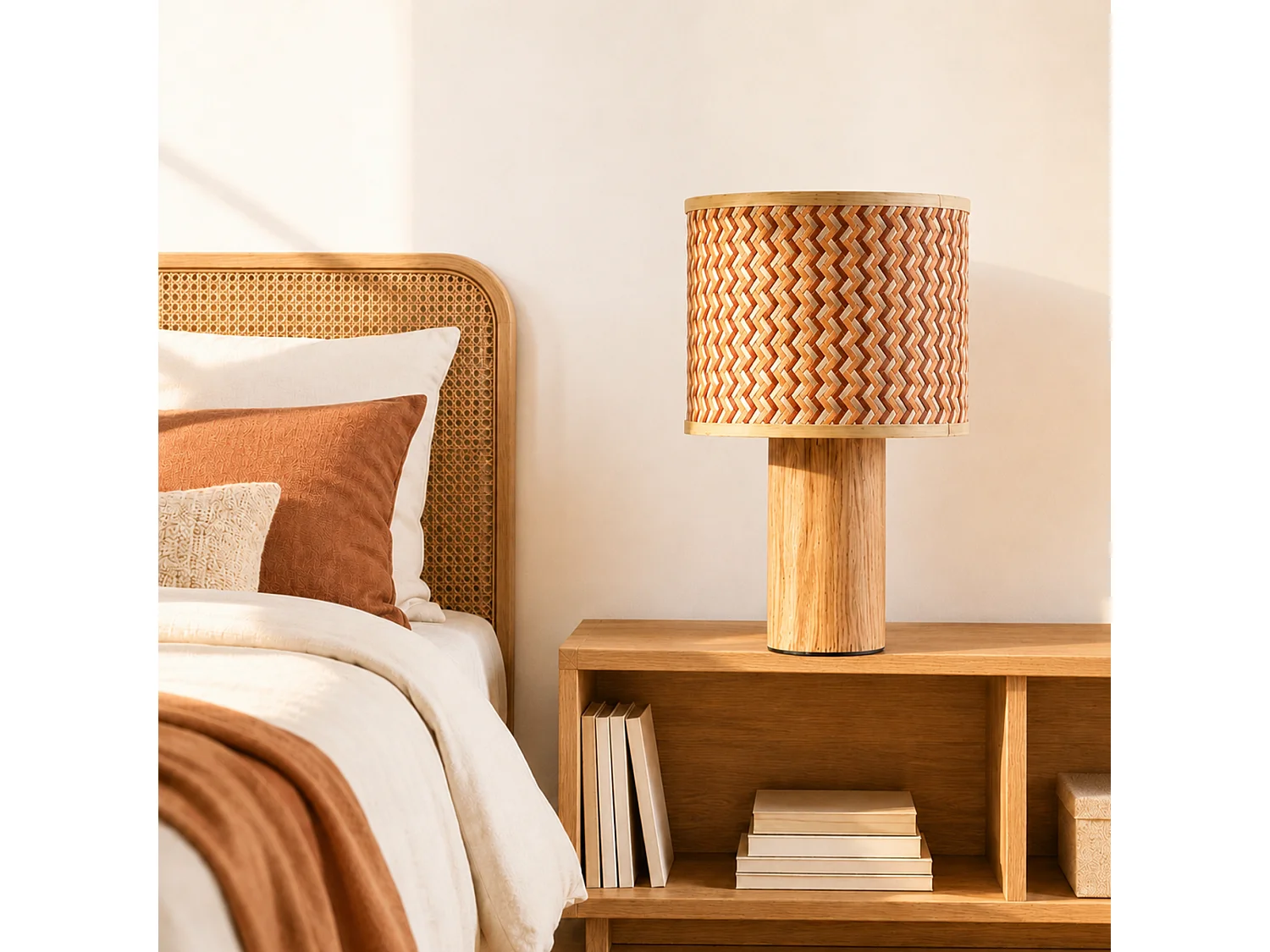 Grande lampada da tavolo in rovere, intreccio in bambù crema e arancio - Phil