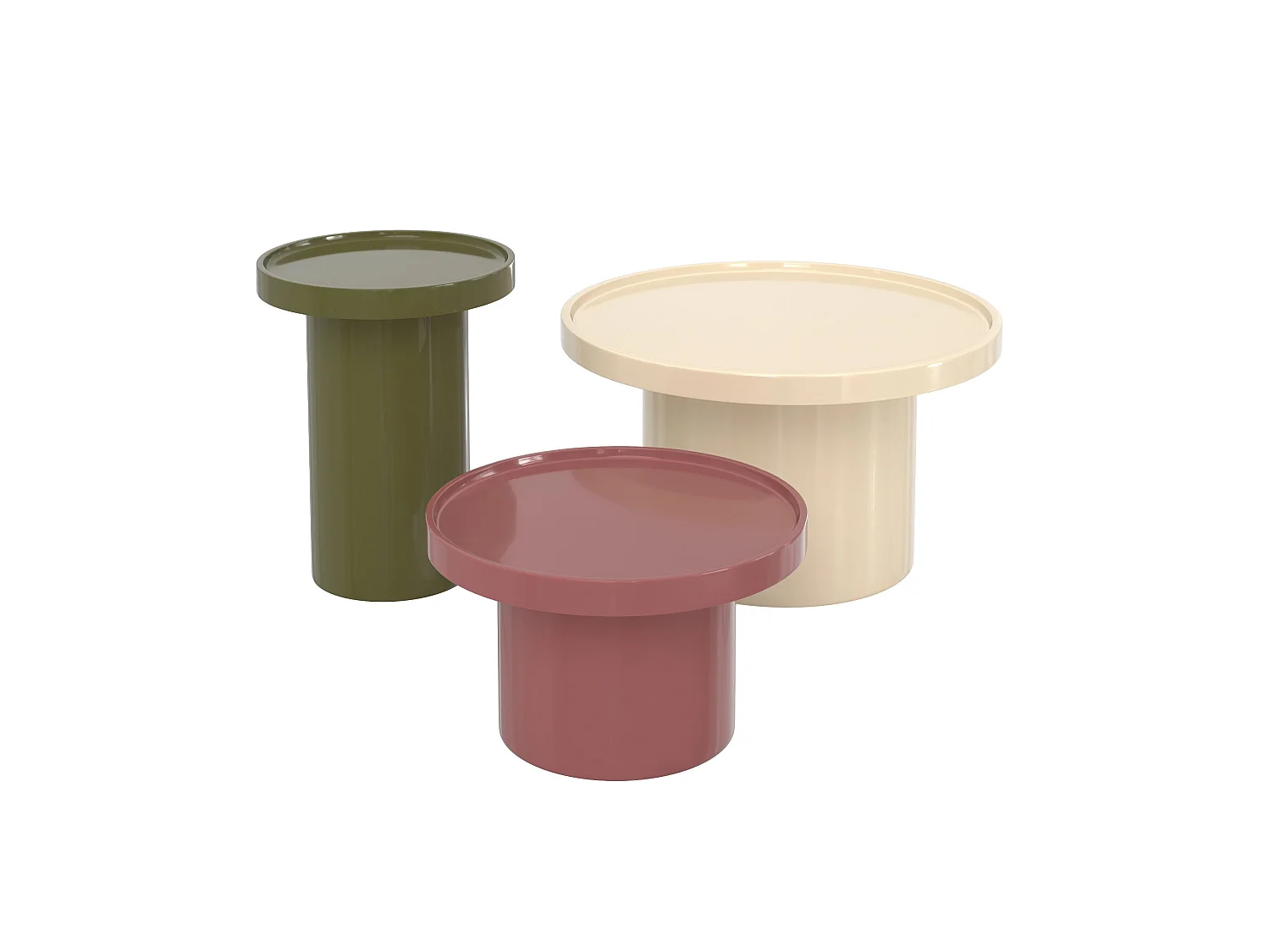 Set di 3 tavolini laccati bianchi, verde oliva e rosso in MDF - Nora