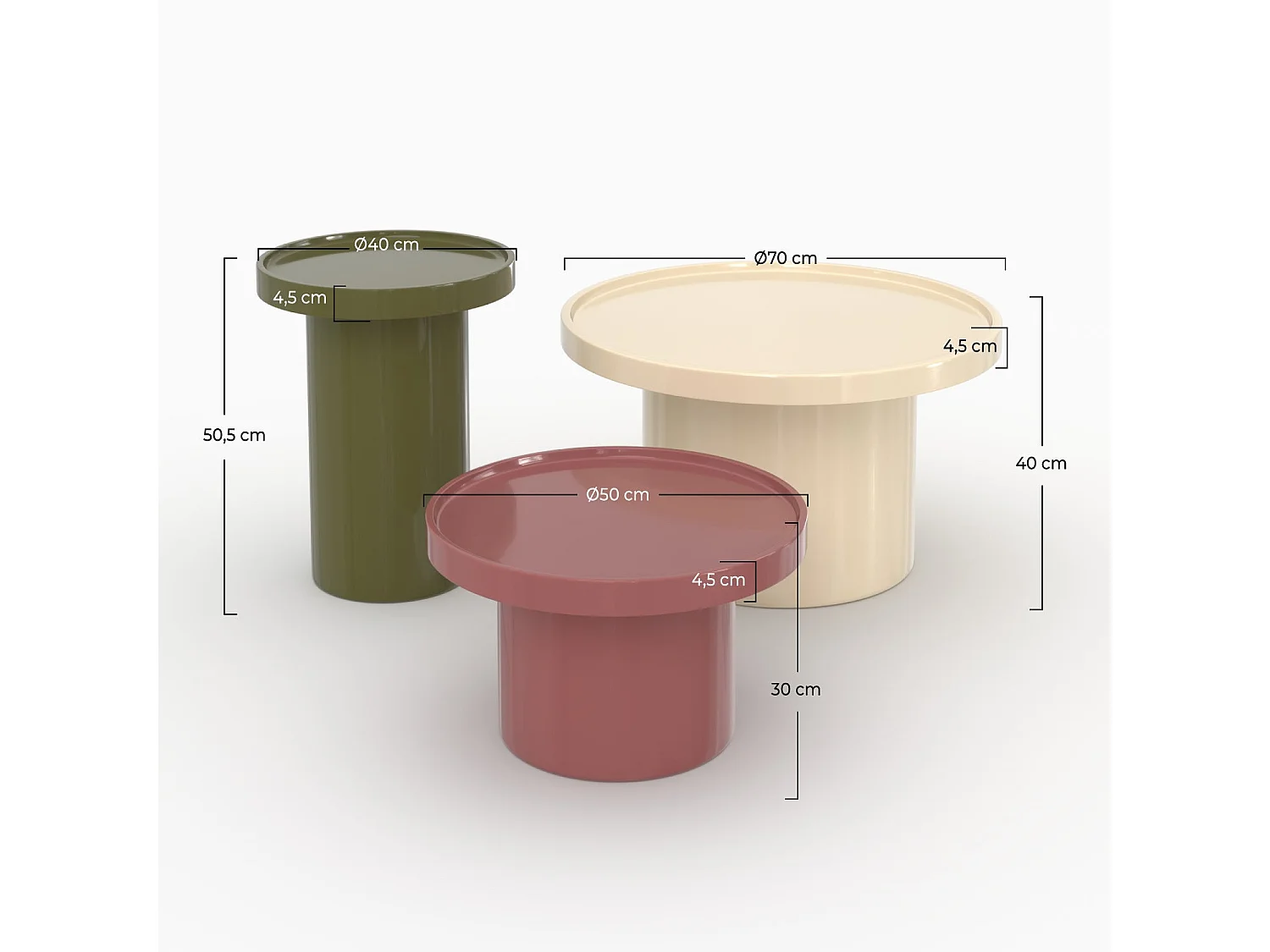 Set di 3 tavolini laccati bianchi, verde oliva e rosso in MDF - Nora