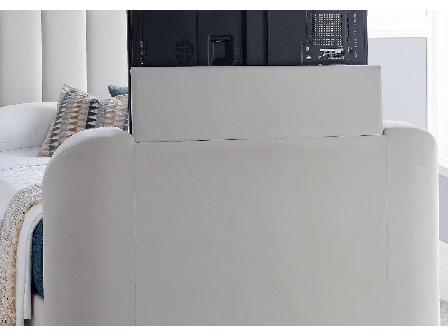 Upholstered Bedframe - 150 x 200 cm Bedframe Integrated TV Feature in Cream