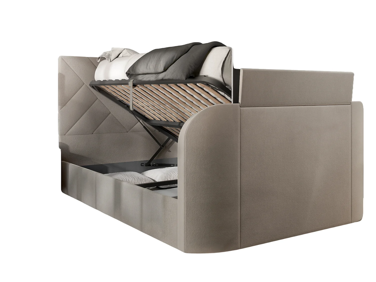 Upholstered Bedframe - 135 x 190 cm Bedframe Integrated TV Feature in Cream