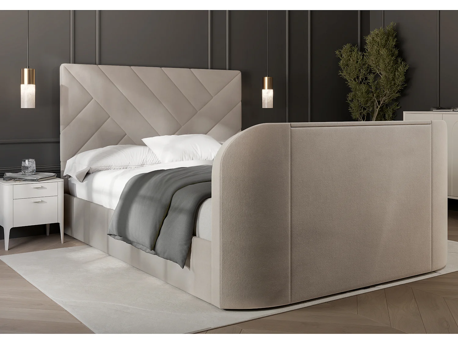 Upholstered Bedframe - 135 x 190 cm Bedframe Integrated TV Feature in Cream