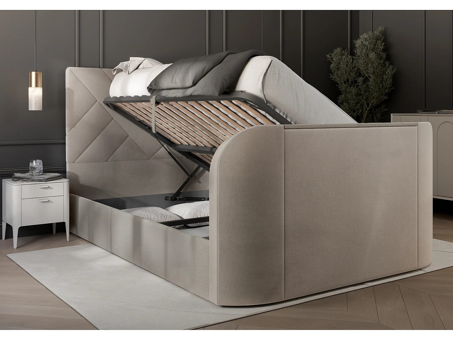 Upholstered Bedframe - 135 x 190 cm Bedframe Integrated TV Feature in Cream