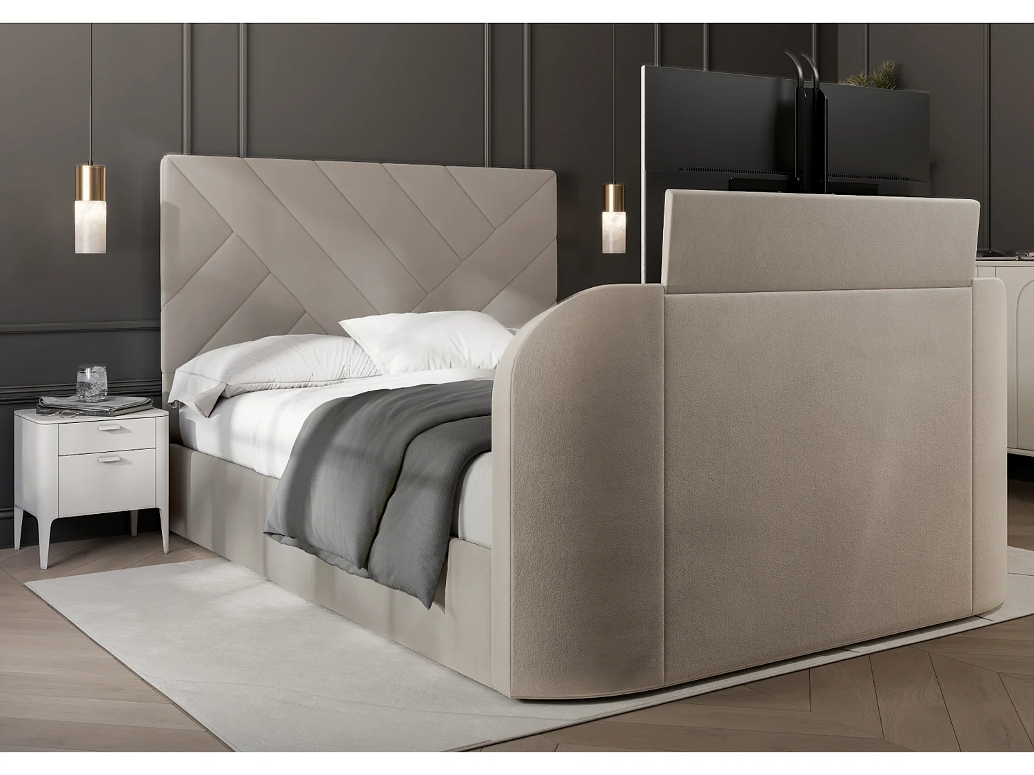 Upholstered Bedframe - 135 x 190 cm Bedframe Integrated TV Feature in Cream