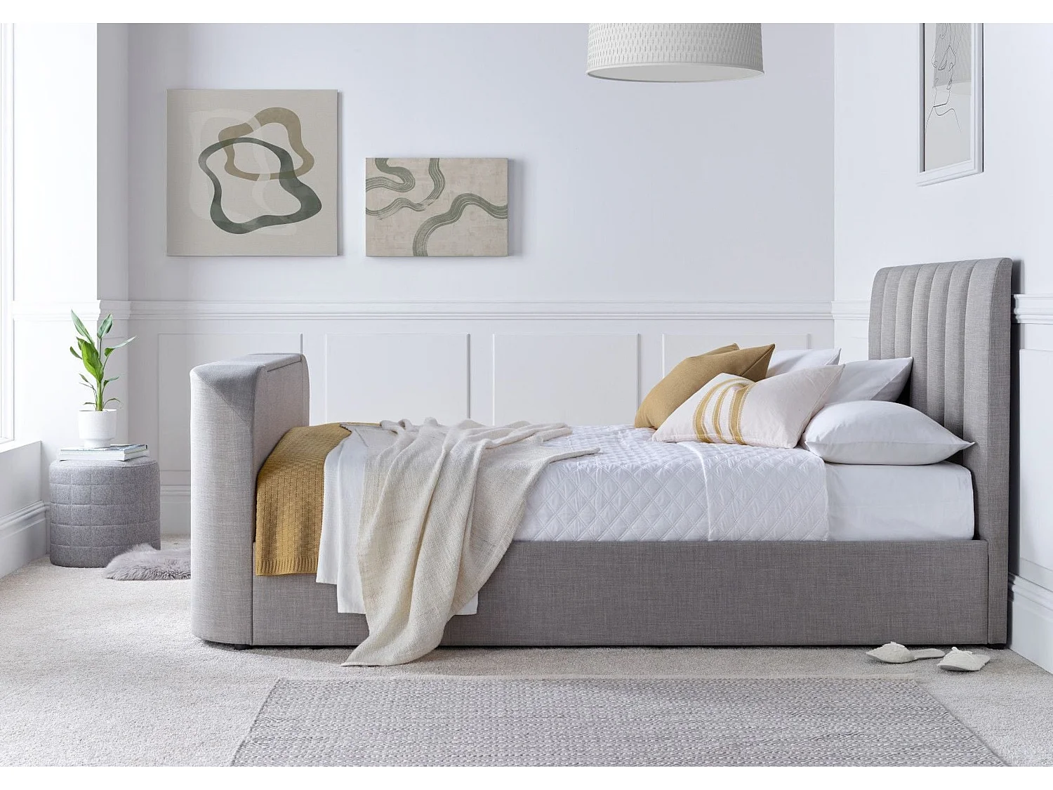 Upholstered Bedframe - 150 x 200 cm Bedframe Integrated TV Feature in Grey