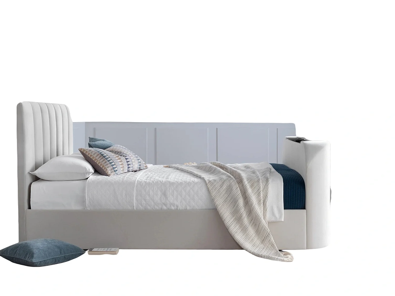 Upholstered Bedframe - 135 x 190 cm Bedframe Integrated TV Feature in Cream