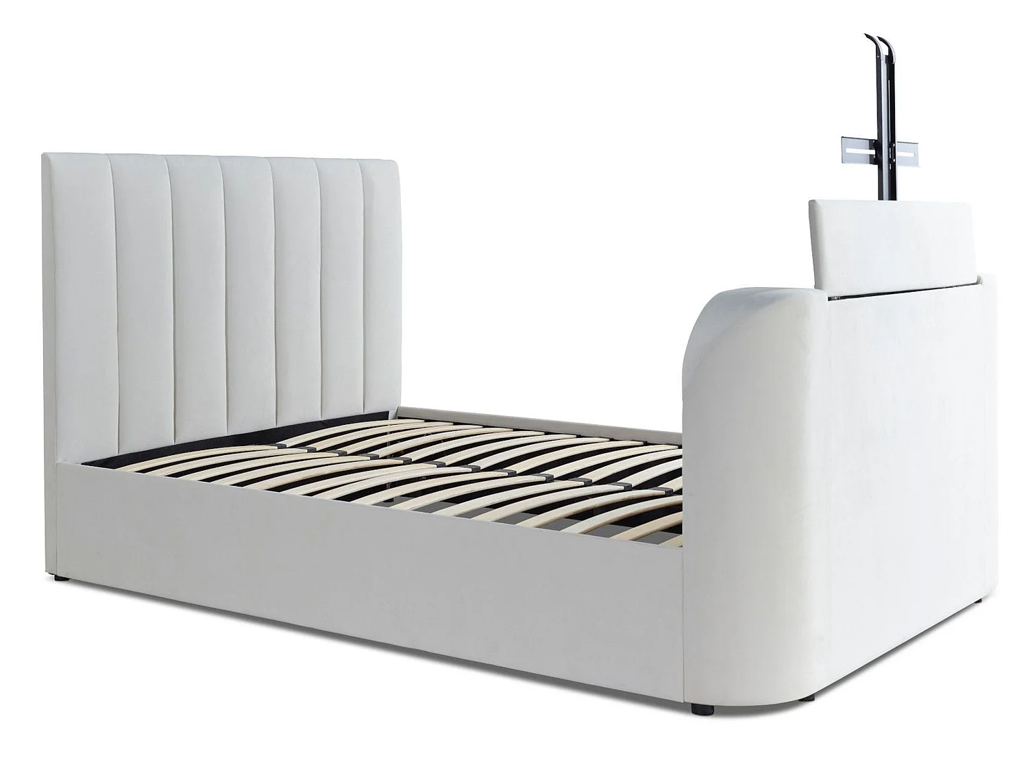 Upholstered Bedframe - 135 x 190 cm Bedframe Integrated TV Feature in Cream