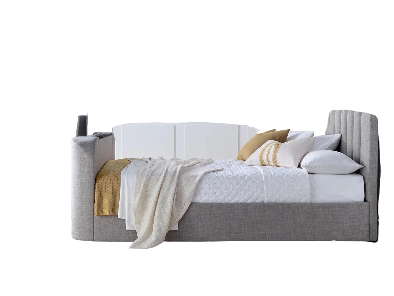 Upholstered Bedframe - 135 x 190 cm Bedframe Integrated TV Feature in Grey