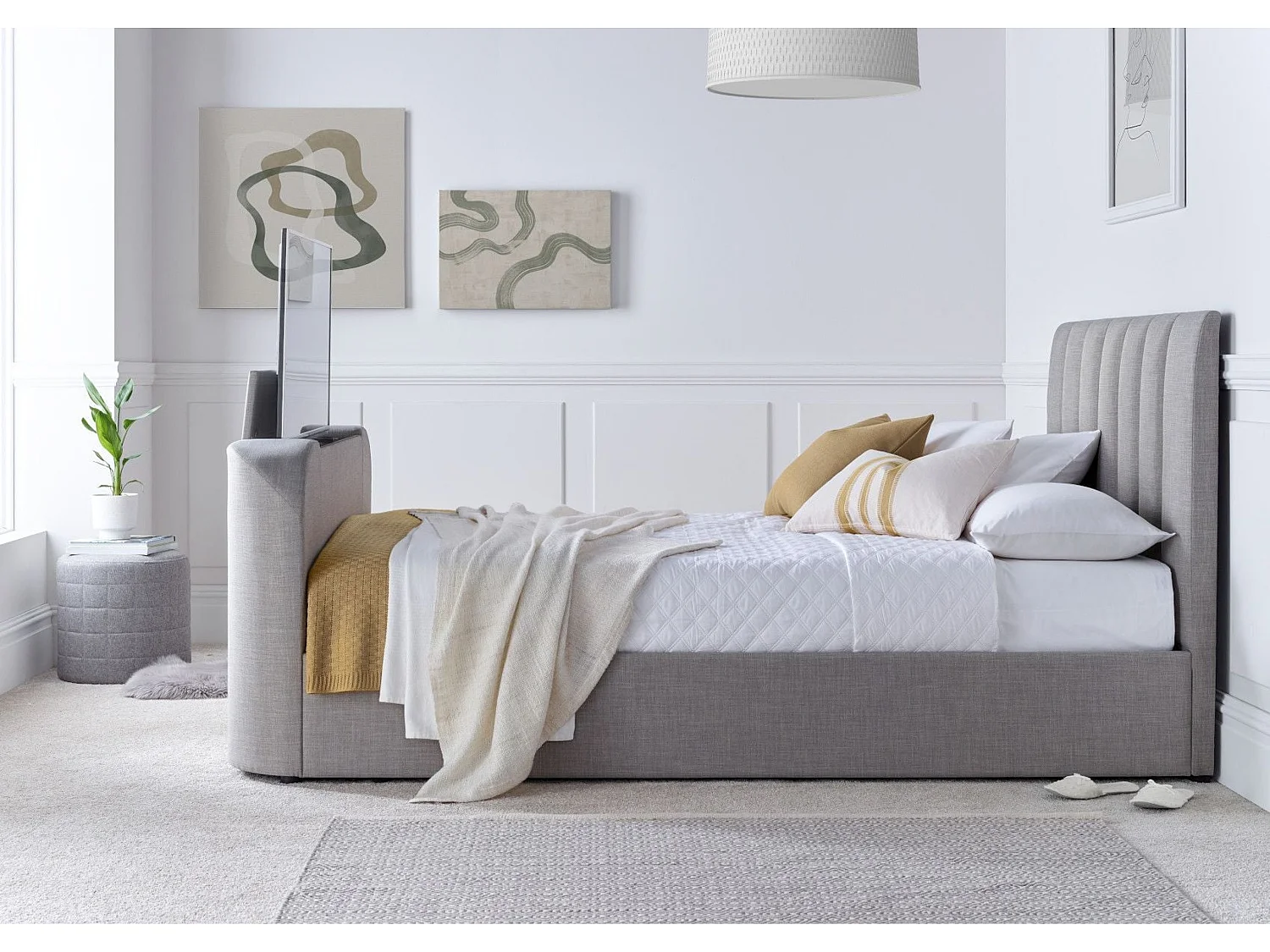 Upholstered Bedframe - 135 x 190 cm Bedframe Integrated TV Feature in Grey