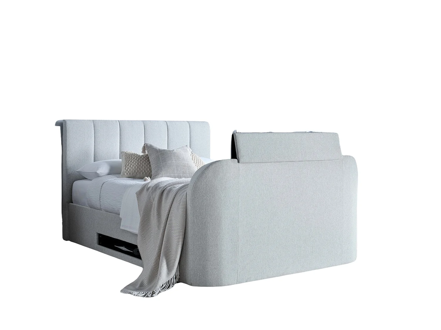 Upholstered Storage bed - 135 x 190 cm Ottoman Bed Integrated TV Feature With Ottoman Storage in Cream
